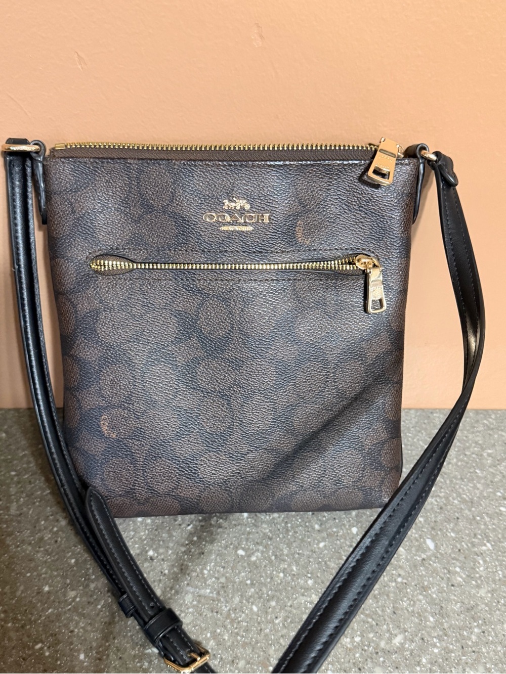 Coach Brown Signature Crossbody with Black Strap and Gold Hardware